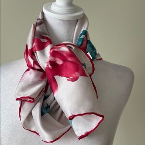 Bonjela Floral Satin like Square Scarf with Red and Teal Accents EUC